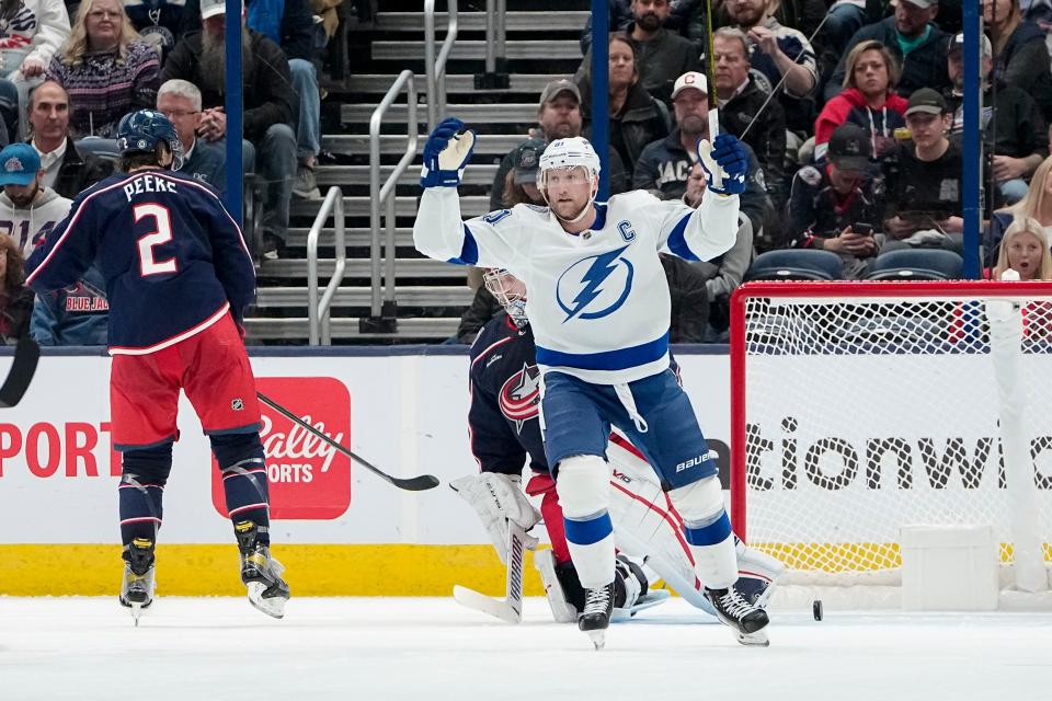 Oct 14, 2022; Columbus, Ohio, USA;  Tampa Bay Lightning center Steven Stamkos (91) reacts to scoring a goal during the third period of the NHL hockey game against the Columbus Blue Jackets at Nationwide Arena. The Blue Jackets lost 5-2. Mandatory Credit: Adam Cairns-The Columbus Dispatch