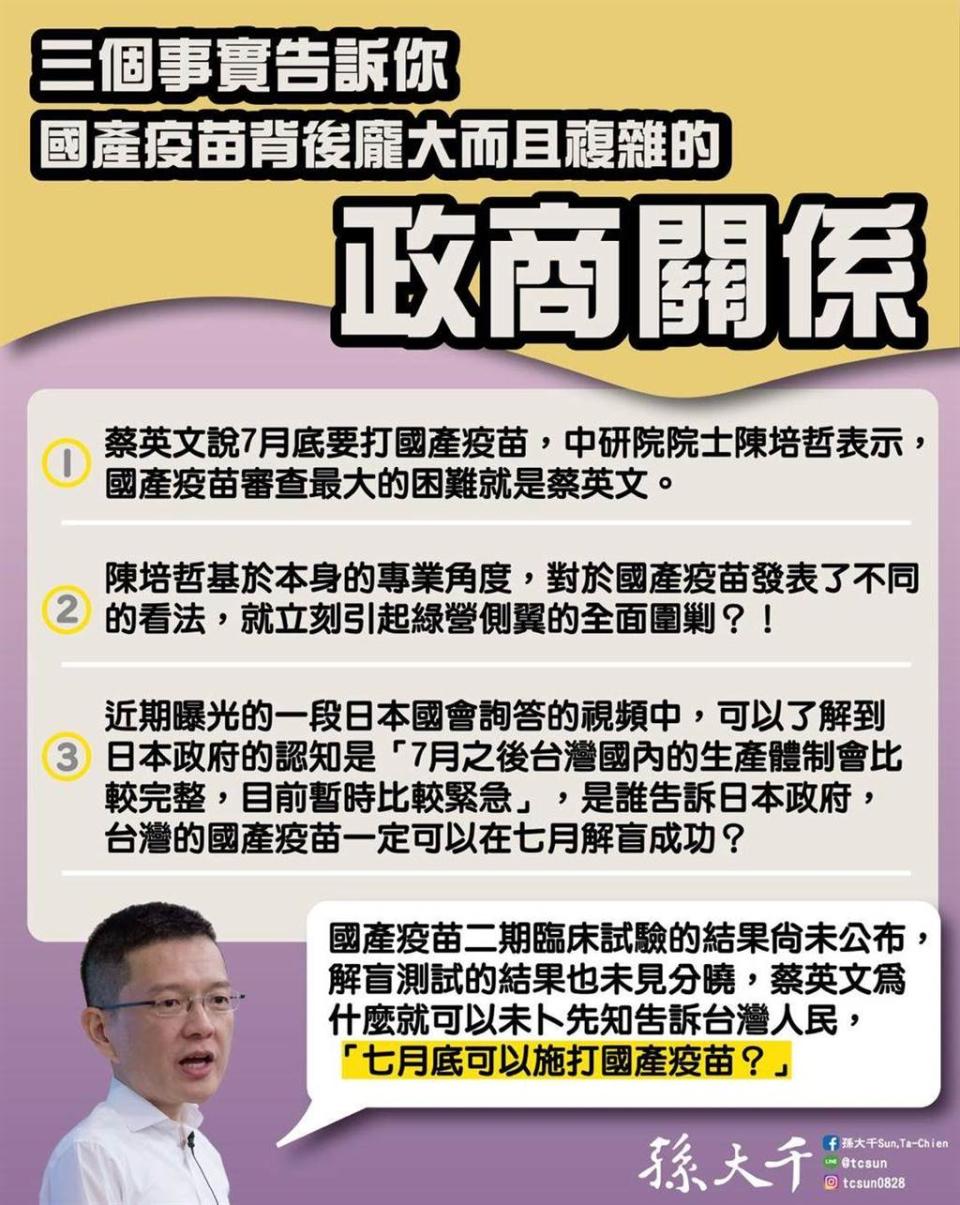 孫大千提三件事，指國產疫苗的背後有著龐大而且複雜的政商關係。（圖／摘自孫大千臉書）