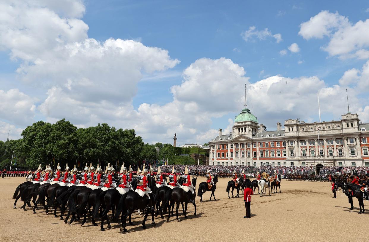 Members of the Life Guards, a regiment of the Household Cavalry, take part during Trooping The Colour on June 2, 2022, in London, England.