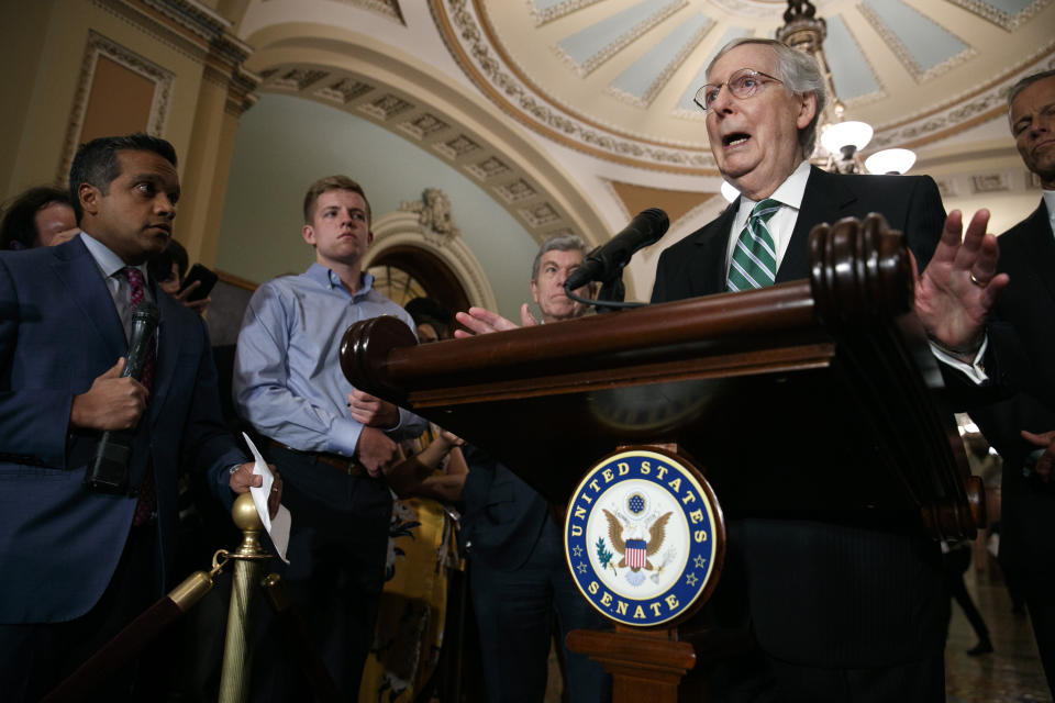 Senate Majority Leader Mitch McConnell of Ky., right, speaks to the media with Senate Republican leaders, Tuesday, July 30, 2019, after their weekly policy luncheon on Capitol Hill in Washington. (AP Photo/Jacquelyn Martin)