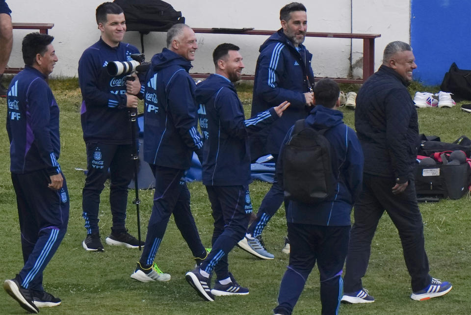 Argentina's Lionel Messi, center, walks with his teammates after a national soccer team practice in La Paz, Bolivia, Monday, Sept. 11, 2023. Argentina will face Bolivia for a qualifying soccer match for the FIFA World Cup 2026, in La Paz, on Tuesday (AP Photo/Juan Karita)