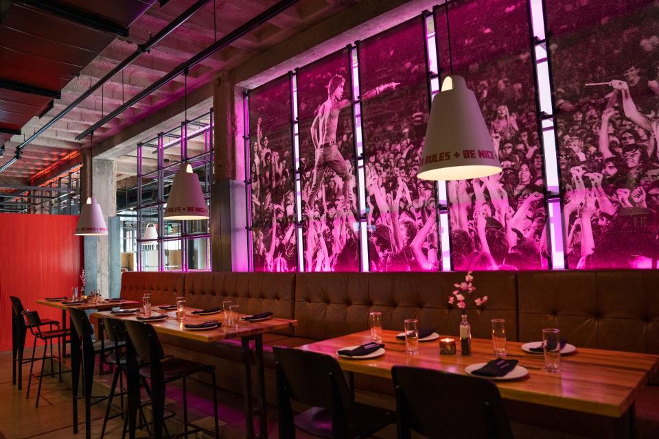 Paneled art of a photo of Iggy Pop is prominently displayed at Vigilante Kitchen, which opened June 30, 2023. This has been the dream of executive chef and owner Aaron Cozadd, who has conceptualized an immersive venue that encompasses Zen vibes, punk rock and graphic novels.