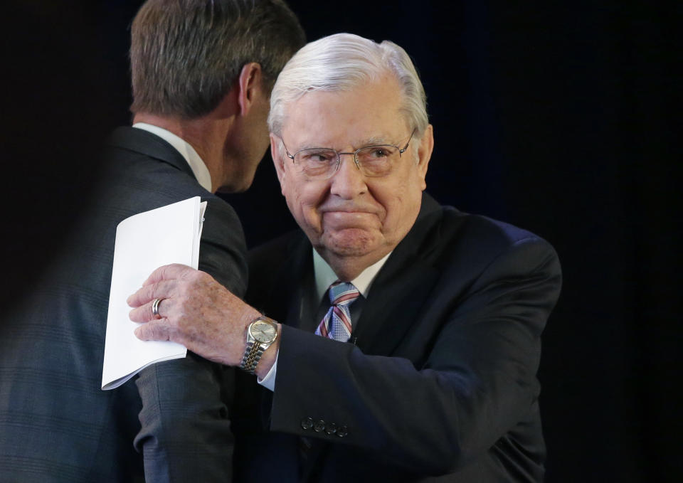 FILE - M. Russell Ballard, a high-ranking Mormon leader, is introduced before speaking during the World Congress of Families event, Oct. 27, 2015, in Salt Lake City. Ballard, one of the highest ranking leaders of The Church of Jesus Christ of Latter-day Saints, died Sunday, Nov. 12, 2023, surrounded by family at his home, according to a church statement Monday morning, Nov. 13. He was 95. (AP Photo/Rick Bowmer, File)