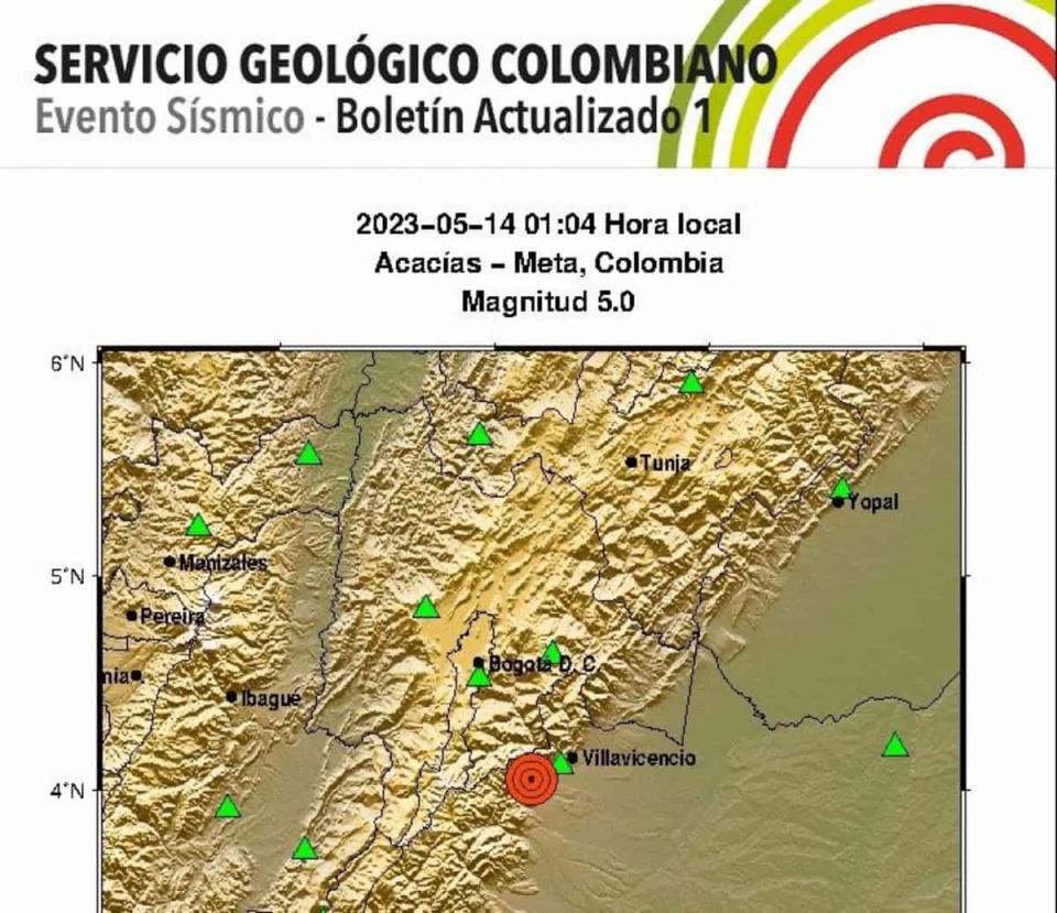 Fuerte temblor de 5,0: epicentro en el Meta y se siente en Bogotá. Imagen: Servicio Geológico Nacional