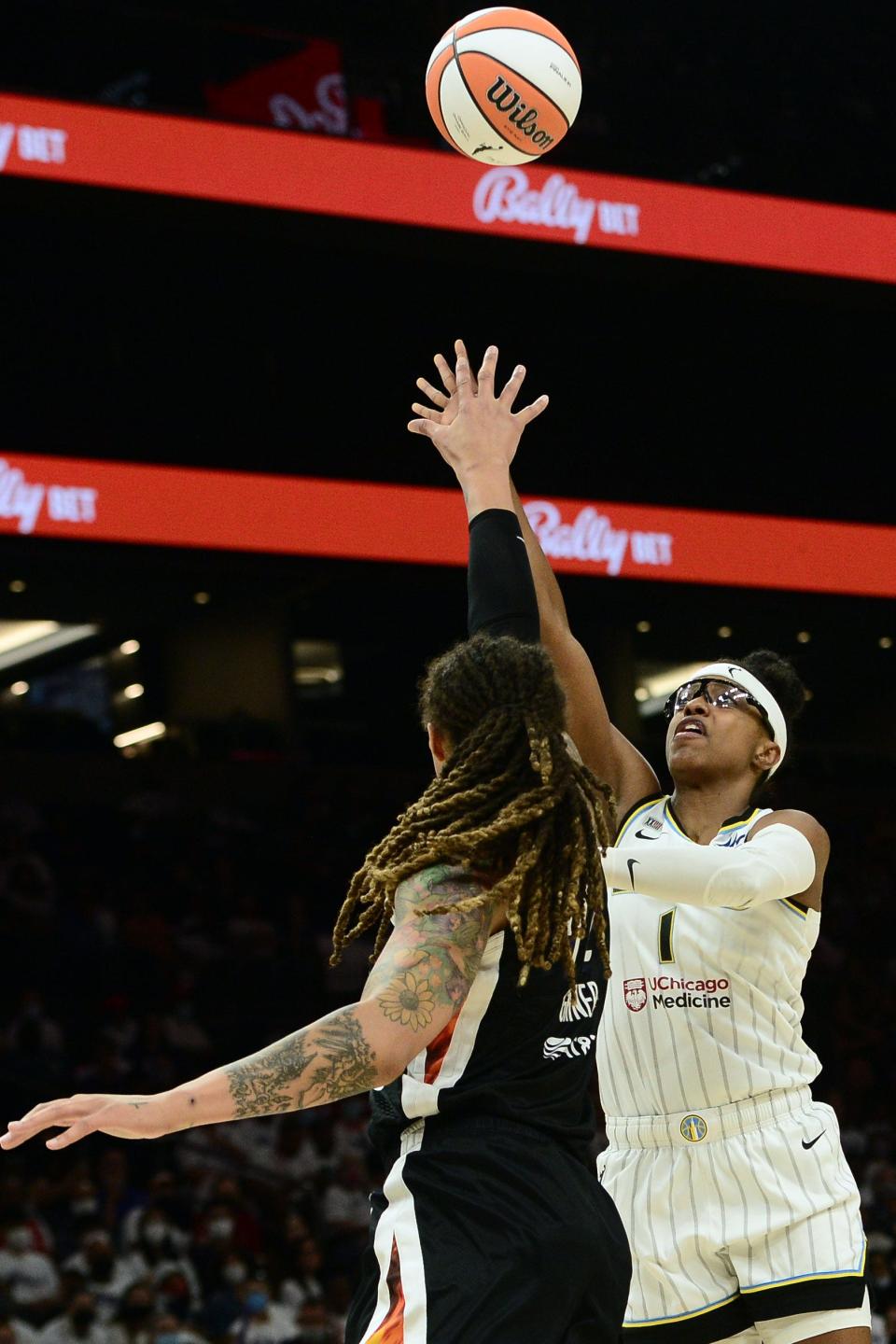 Oct 10, 2021; Phoenix, Arizona, USA; Chicago Sky guard Diamond DeShields (1) shoots over Phoenix Mercury center Brittney Griner (42) during the second half of game one of the 2021 WNBA Finals at Footprint Center. Mandatory Credit: Joe Camporeale-USA TODAY Sports