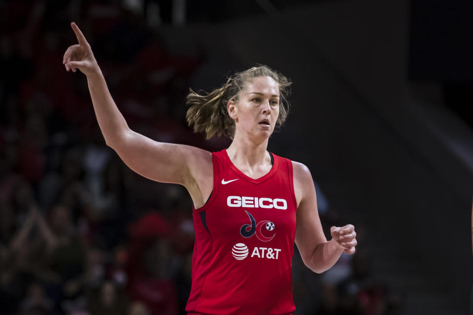 WASHINGTON, DC - SEPTEMBER 19: Emma Meesseman #33 of the Washington Mystics reacts to a play against the Las Vegas Aces during the second half of Game Two of the 2019 WNBA playoffs at St Elizabeths East Entertainment & Sports Arena on September 19, 2019 in Washington, DC. NOTE TO USER: User expressly acknowledges and agrees that, by downloading and or using this photograph, User is consenting to the terms and conditions of the Getty Images License Agreement. (Photo by Scott Taetsch/Getty Images)