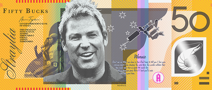 Shane Warne, Southern Cross tattoos and Cathy Freeman on the $50. Photo: Aaron Tyler