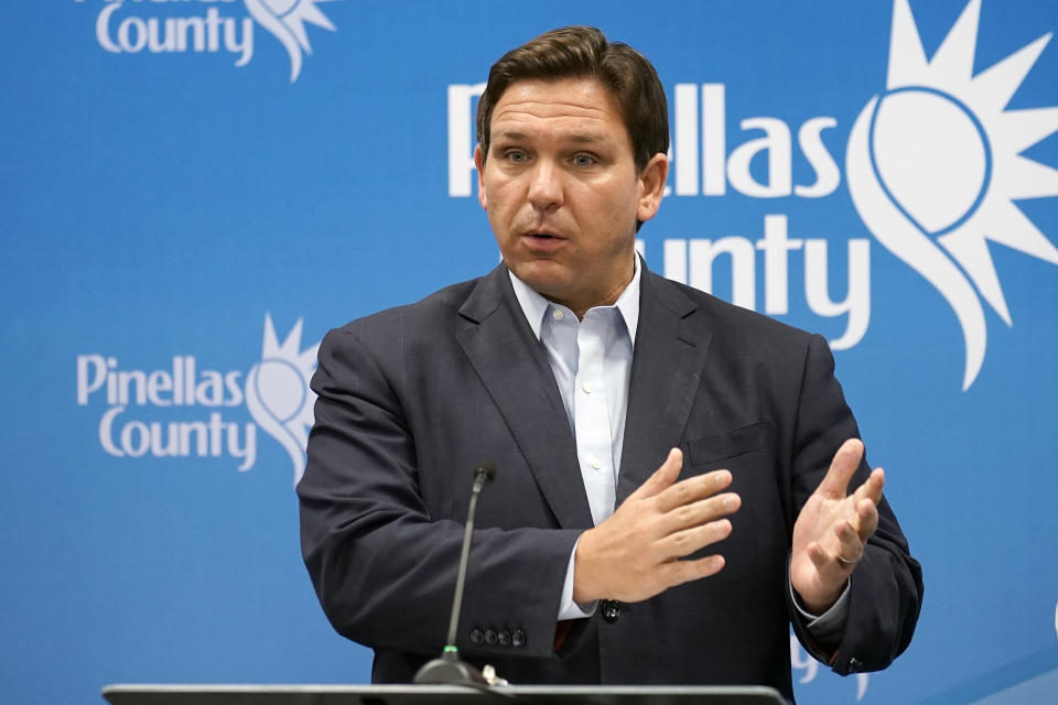 FILE - Florida Gov. Ron DeSantis speaks during a news conference at the Pinellas County Emergency Operations Center, Monday, Sept. 26, 2022, in Largo, Fla. DeSantis was updating residents of the path of Hurricane Ian. Biden is headed to hurricane-ravaged Florida on Wednesday, Oct. 5, and joining him will be DeSantis and Sen. Rick Scott, according to the White House and Scott's spokesman. (AP Photo/Chris O'Meara, File)