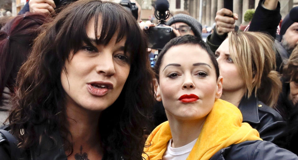 Actresses Asia Argento, left, and Rose McGowan participate in a demonstration to mark International Women’s Day in Rome, March 8, 2018. (Photo: AP Photo/Alessandra Tarantino)