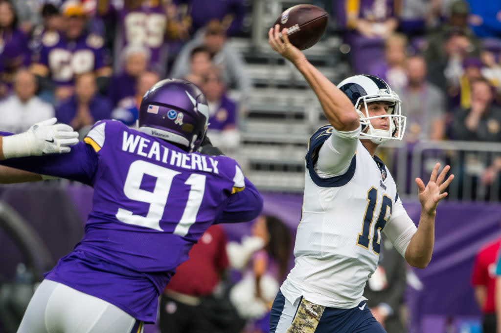 Nov 19, 2017; Minneapolis, MN, USA; Los Angeles Rams quarterback Jared Goff (16) throws during the second quarter against the Minnesota Vikings at U.S. Bank Stadium. Credit: Brace Hemmelgarn-USA TODAY Sports