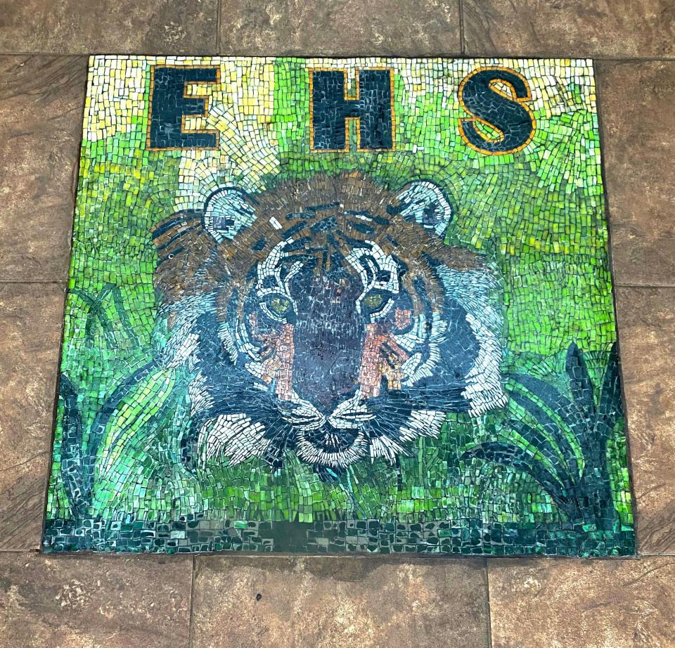 Artist Dorothy Vaughan created this tiger mosaic for Elba High School in Elba, Alabama. The mural, installed at the high school, is just one of Vaughan's works on display in the community.