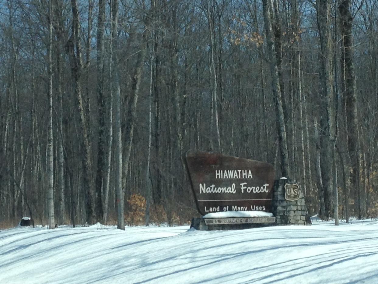 A sign marks the Hiawatha National Forest in Michigan's Upper Peninsula.