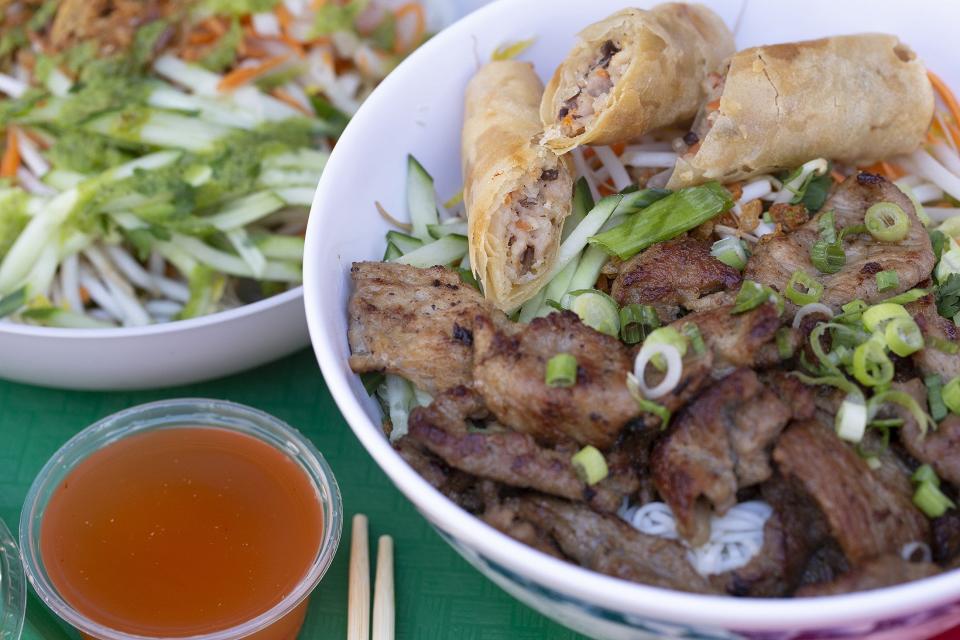 Rice-and-noodle bowl with grilled pork and bean-sprout salad at Lan Viet in the North Market in Bridge Park.