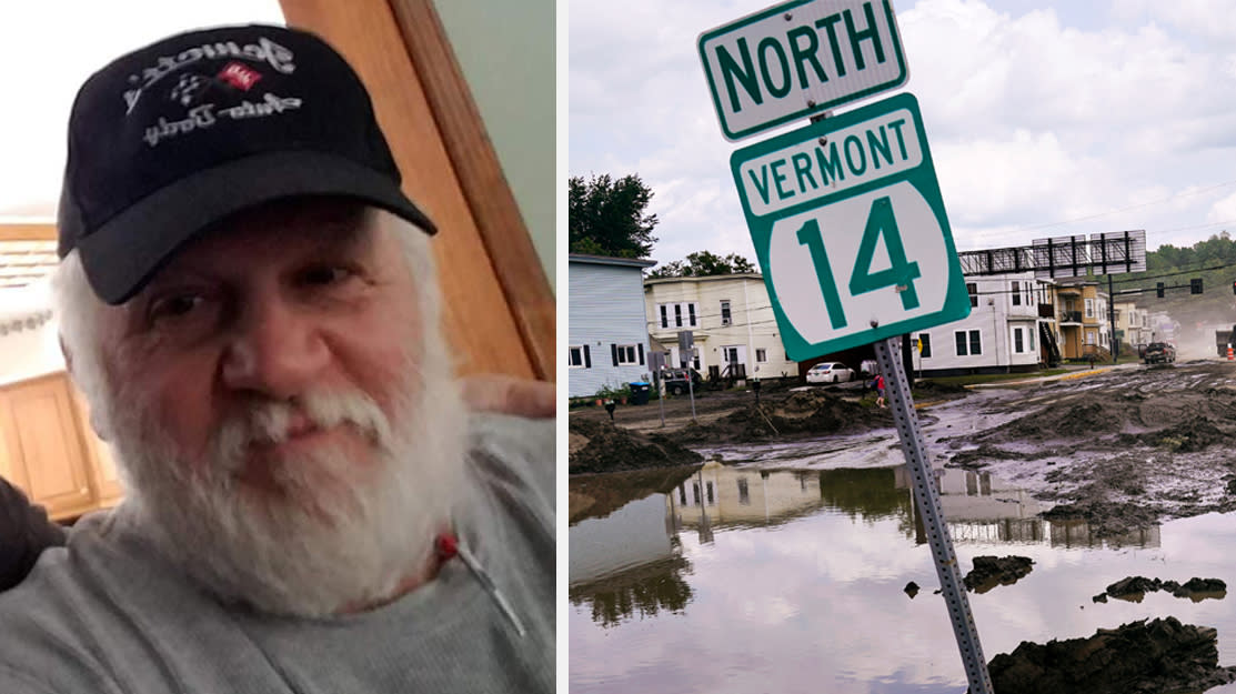 Side-by-side images of Stephen Davoll and a flooded area near buildings behind a road sign reading: North Vermont 14