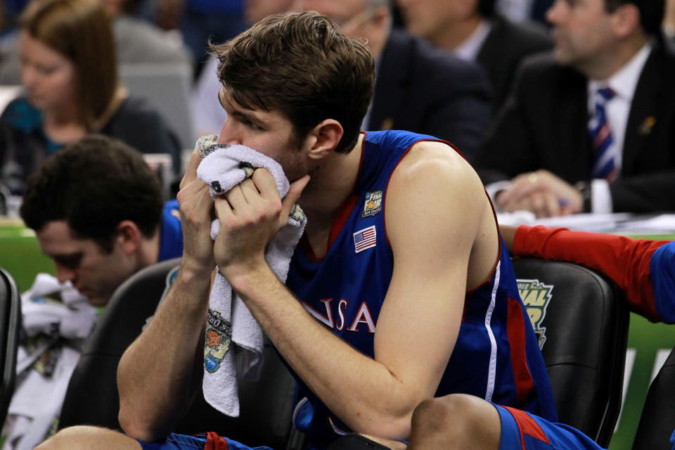 Jeff Withey #5 of the Kansas Jayhawks sits on the bench during the National Championship Game of the 2012 NCAA Division I Men's Basketball Tournament at the Mercedes-Benz Superdome on April 2, 2012 in New Orleans, Louisiana. (Photo by Ronald Martinez/Getty Images)