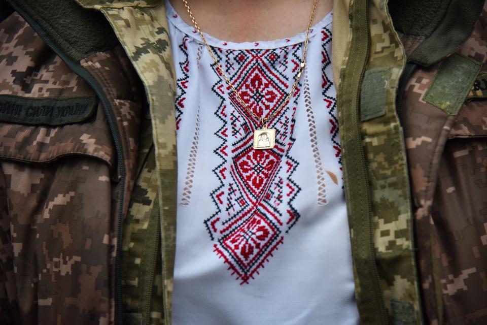 A view of a vyshyvanka pattern during the celebration of Vyshyvanka Day in Lviv, Ukraine, on May 18, 2023. (Pavlo Palamarchuk/Anadolu Agency via Getty Images)