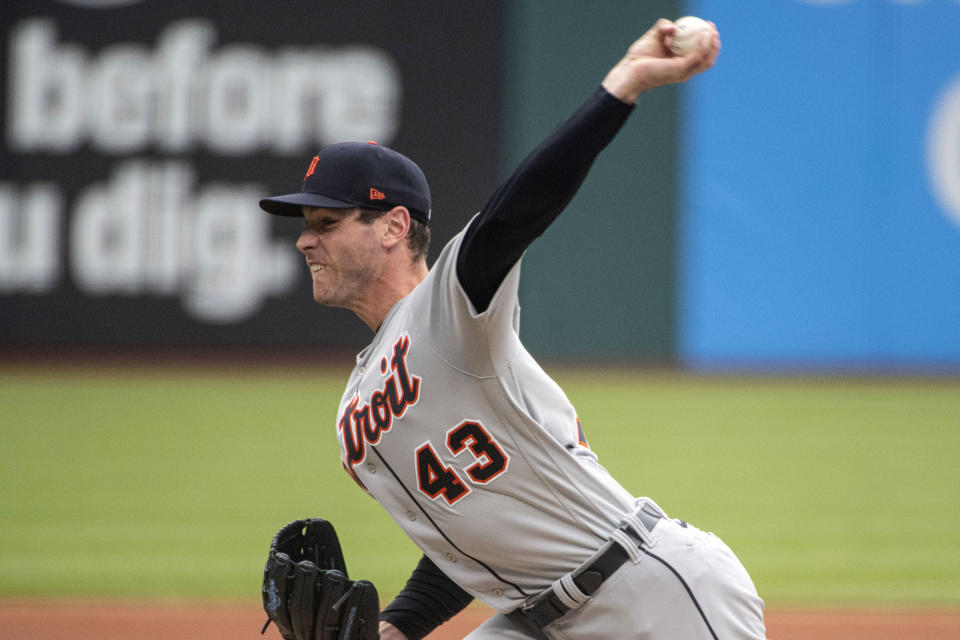 Detroit Tigers starting pitcher Joey Wentz delivers against the Cleveland Guardians during the first inning of a baseball game in Cleveland, Monday, May 8, 2023. (AP Photo/Phil Long)