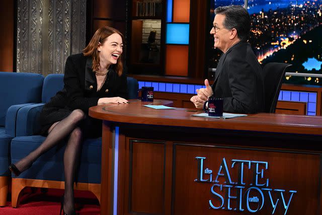 <p>Scott Kowalchyk/CBS</p> Emma Stone took part in a 'Jeopardy!'-style quiz on 'The Late Show with Stephen Colbert'.