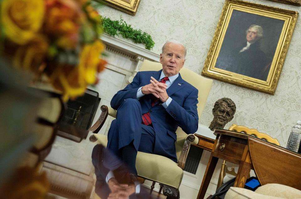 President Joe Biden speaks during a meeting with German Chancellor Olaf Scholz in the Oval Office of the White House in Washington, DC, on March 3, 2023. "I’m confident we’re on the right side of the law,” Biden said this week. “But I’m not confident about the outcome of the decision yet.”