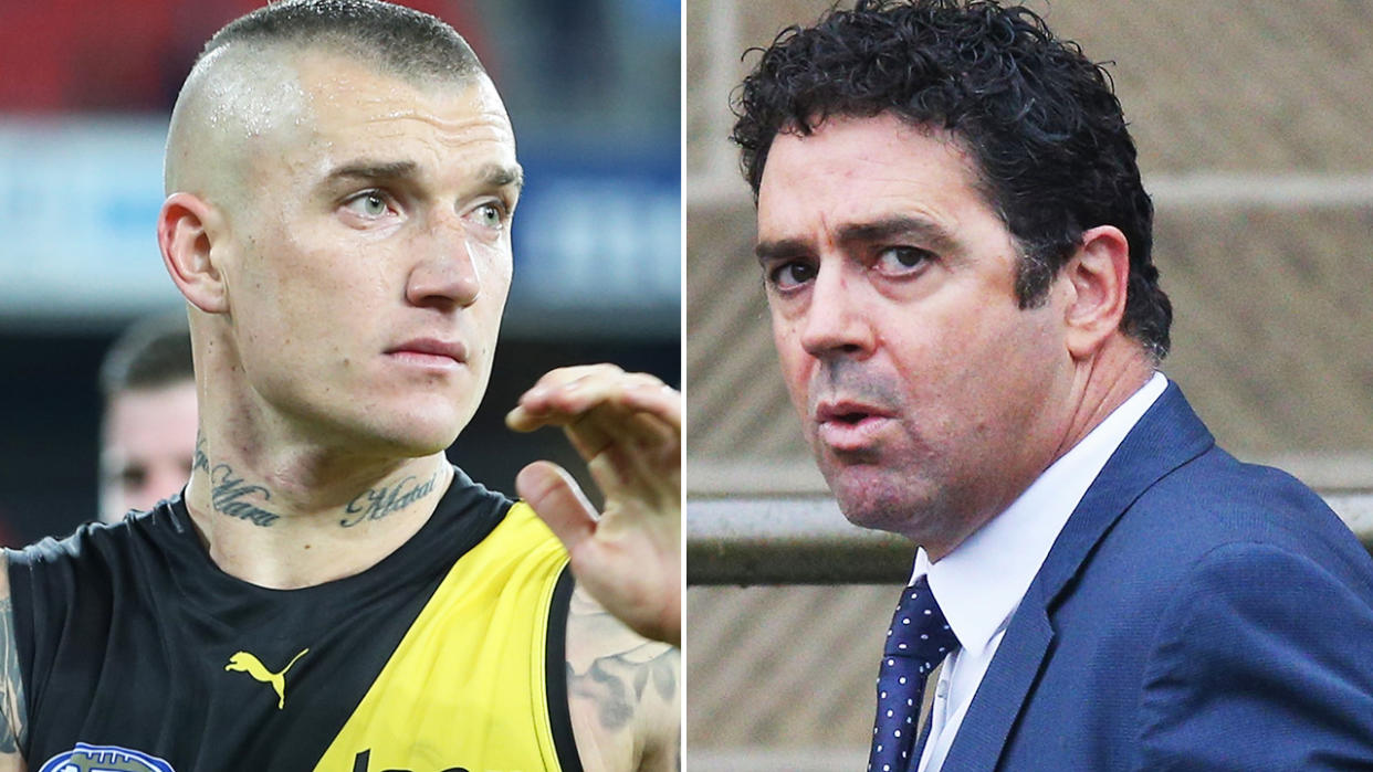 A 50-50 split image shows Dustin Martin on the left and Garry Lyon on the right.