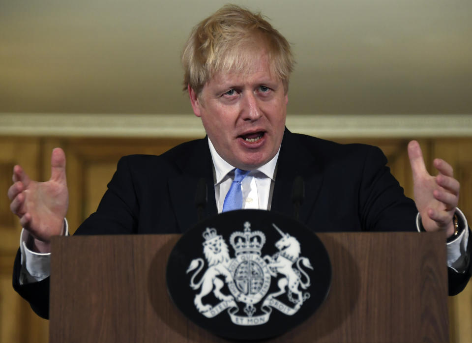 Prime Minister Boris Johnson speaks during a press conference, at 10 Downing Street, in London, on the government's coronavirus action plan.