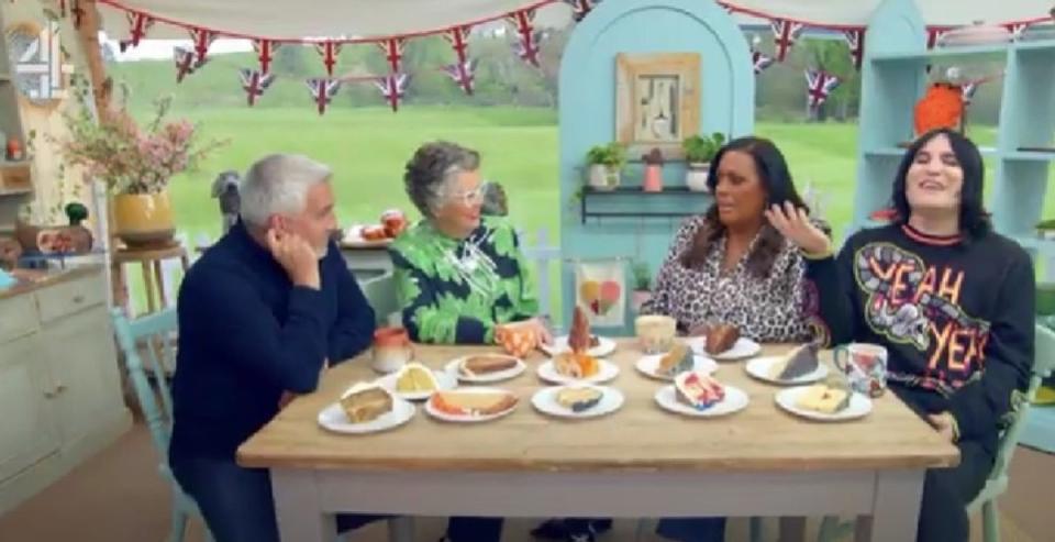 Prue Leith pictured with fellow judge Paul Hollywood as well as hosts Alison Hammond and Noel Fielding (Channel 4)