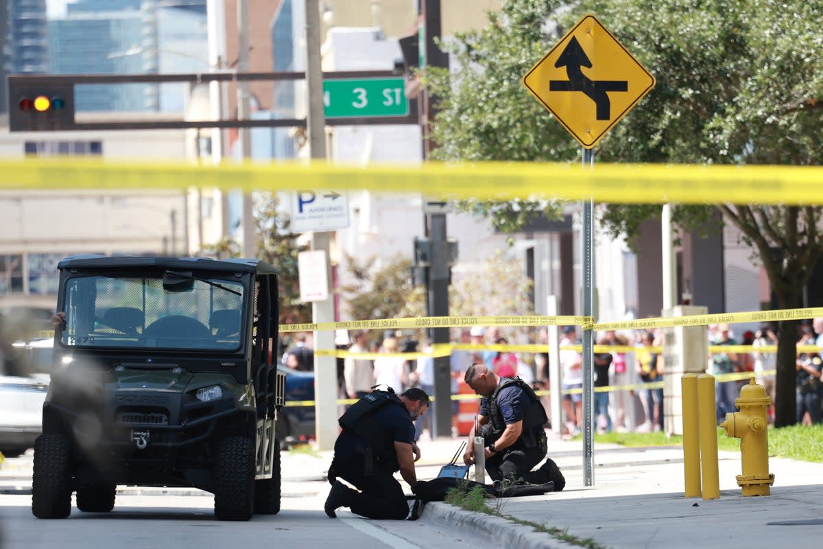 Miami Police investigate a suspicious item near the media area outside the Wilkie D. Ferguson Jr. United States Federal Courthouse where former President Donald Trump is scheduled to be arraigned later in the day on June 13, 2023 in Miami, Florida (Getty Images)