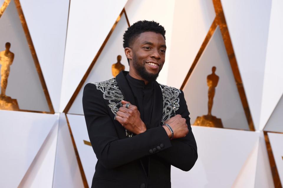 Chadwick Boseman arrives at the 2018 Oscars at the Dolby Theatre in Los Angeles (Jordan Strauss/Invision/AP)