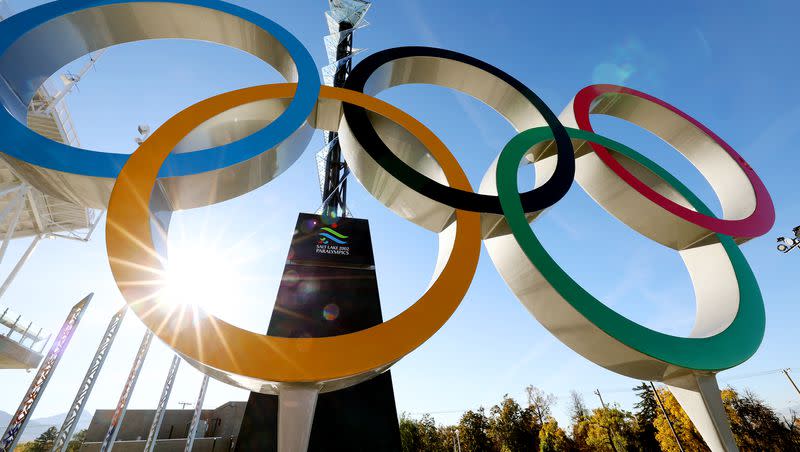 The Olympic rings and cauldron from the 2002 Winter Games are pictured at Rice-Eccles Stadium at the University of Utah in Salt Lake City on Oct. 31, 2022. Will Utah’s current bid committee find out more about the current selection timeline this week?