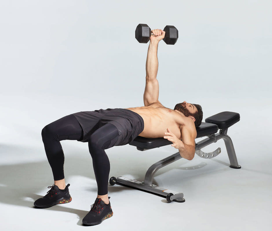 How to do it:<ol><li>Lie back on a flat bench so the right half of your torso is off bench, a heavy (40- to 50-pound) dumbbell in right hand.</li><li>Brace core and press dumbbell over right shoulder. Do all reps on right side, then switch sides. </li></ol>