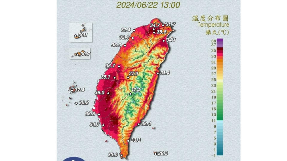 6/22 13:00溫度分布圖。氣象署提供