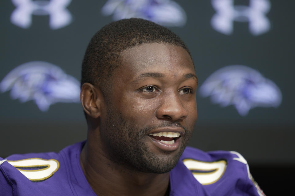 Baltimore Ravens linebacker Roquan Smith attends a press conference after an NFL practice session in London, Thursday, Oct. 12, 2023 ahead the NFL game against Tennessee Titans at the Tottenham Hotspur Stadium on Sunday. (AP Photo/Kin Cheung)