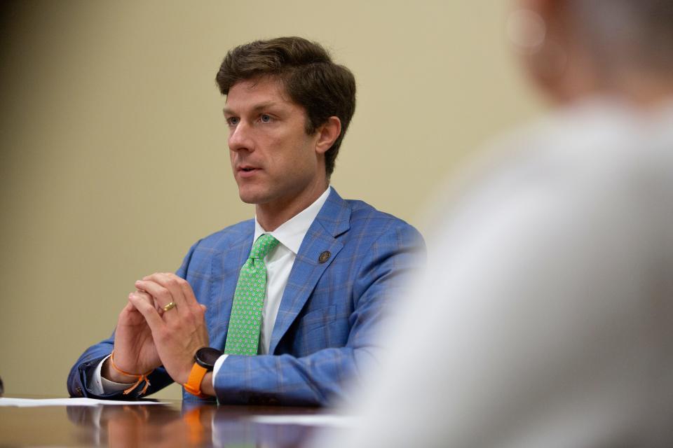 Columbia Mayor Chaz Molder attends a meeting regarding affordable housing at City Hall in Columbia, Tenn., on Tuesday, Aug. 17, 2021. 