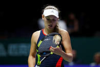 Tennis - WTA Tour Finals - Singapore Indoor Stadium, Kallang, Singapore - October 21, 2018 Denmark's Caroline Wozniacki during her group stage match against Czech Republic's Karolina Pliskova REUTERS/Edgar Su