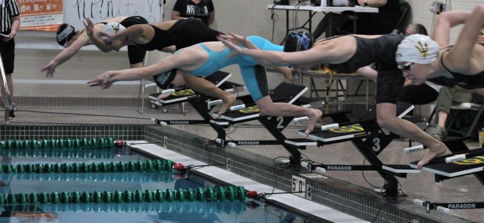 The start of the girls' 100-yard breaststroke at the South-Central League finals held at Pueblo County High School on Feb. 4, 2023.