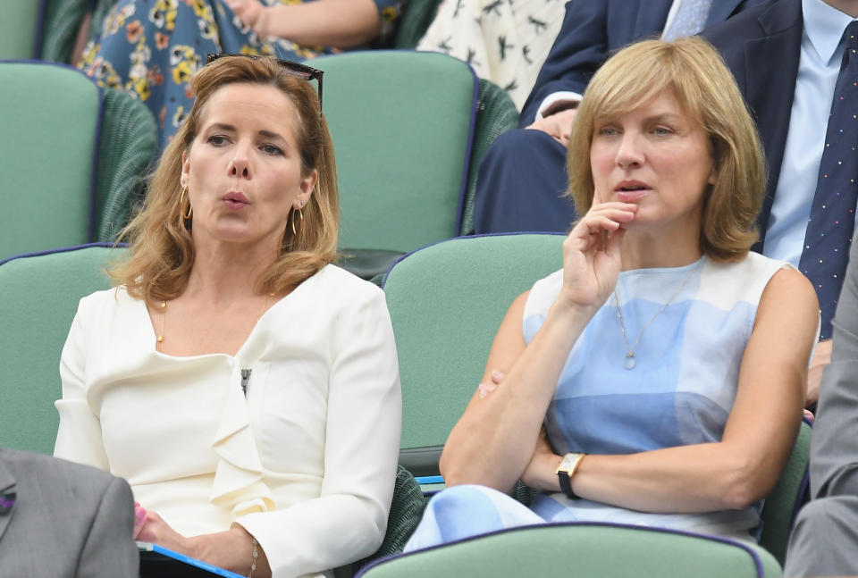 LONDON, ENGLAND - JULY 11:  Darcey Bussell and Fiona Bruce attend day eight of the Wimbledon Tennis Championships at the All England Lawn Tennis and Croquet Club on July 11, 2017 in London, United Kingdom.  (Photo by Karwai Tang/WireImage)