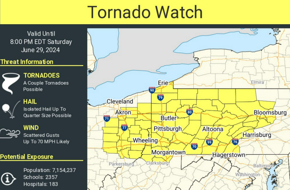 A tornado warning has been issued for parts of Pennsylvania, Ohio and West Virginia until 8 p.m. Saturday.