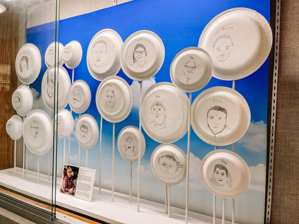 Gene Money, who suffers from Parkinson’s disease, took up paper plate portraits about a year ago. Some of his collection is on display at Fountain City Library now through the end of February. Feb. 1, 2022.