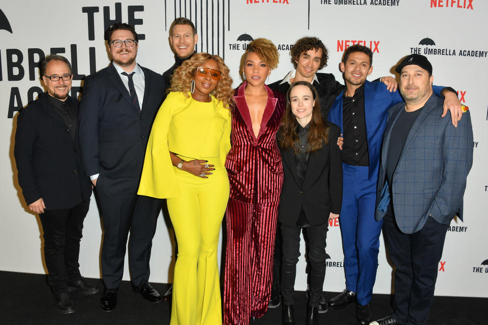 TORONTO, ONTARIO - FEBRUARY 14: (L-R) Jeff King, Cameron Britton, Tom Hopper, Mary J. Blige, Emmy Raver-Lampman, Ellen Page, Robert Sheehan, David Castaneda and Steve Blackman attend the premiere of Netflix's 'The Umbrella Academy' at TIFF Bell Lightbox on February 14, 2019 in Toronto, Canada. (Photo by George Pimentel/Getty Images for Netflix)