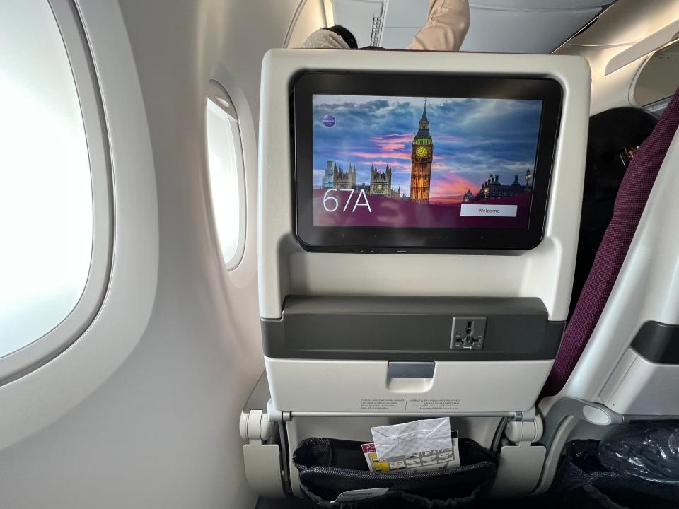 A Qatar Airways in-flight entertainment screen displays Big Ben, from the window passenger's point-of-view onboard an Airbus A380.