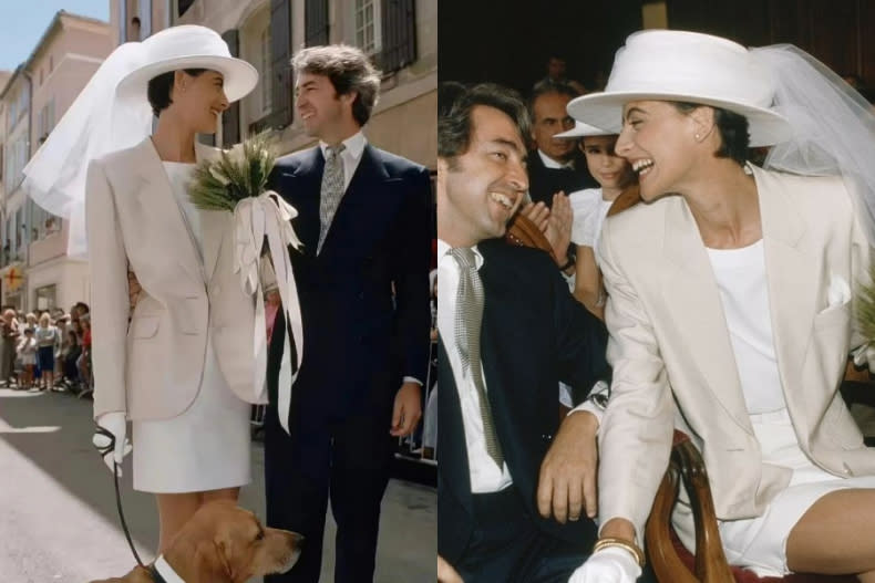 法國傳奇超模Ines de la Fressange，1990年結婚的時候，不同於當時的婚紗潮流，率性地穿上藕白色的西裝外套