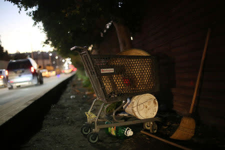 A shopping cart with a typical Mexican hat and a broom are seen next to the fence separating Mexico and the United States, in Tijuana, Mexico. REUTERS/Edgard Garrido