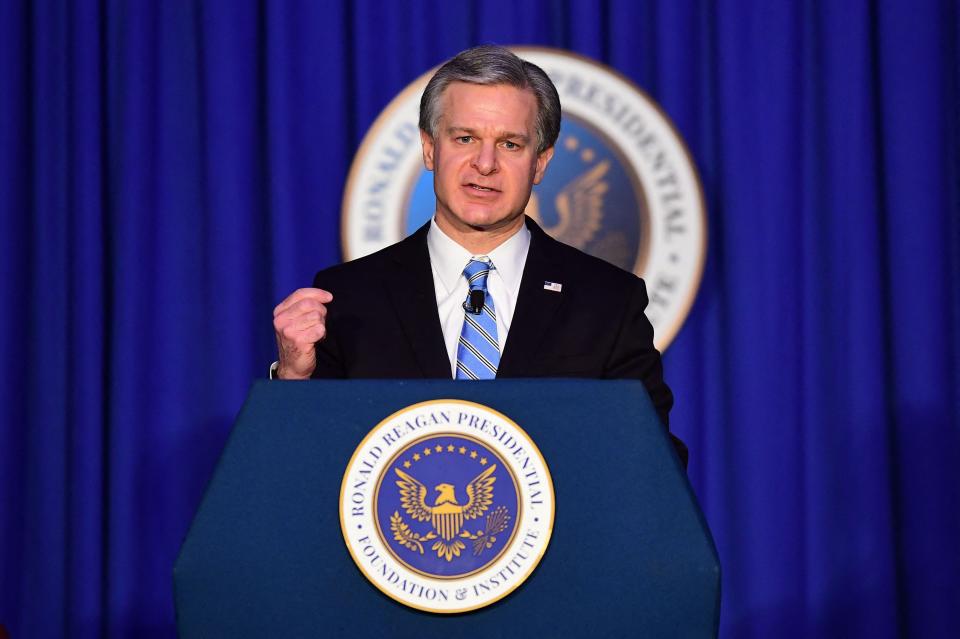 FBI Director Christopher Wray speaks at the Reagan Library in Simi Valley, California.