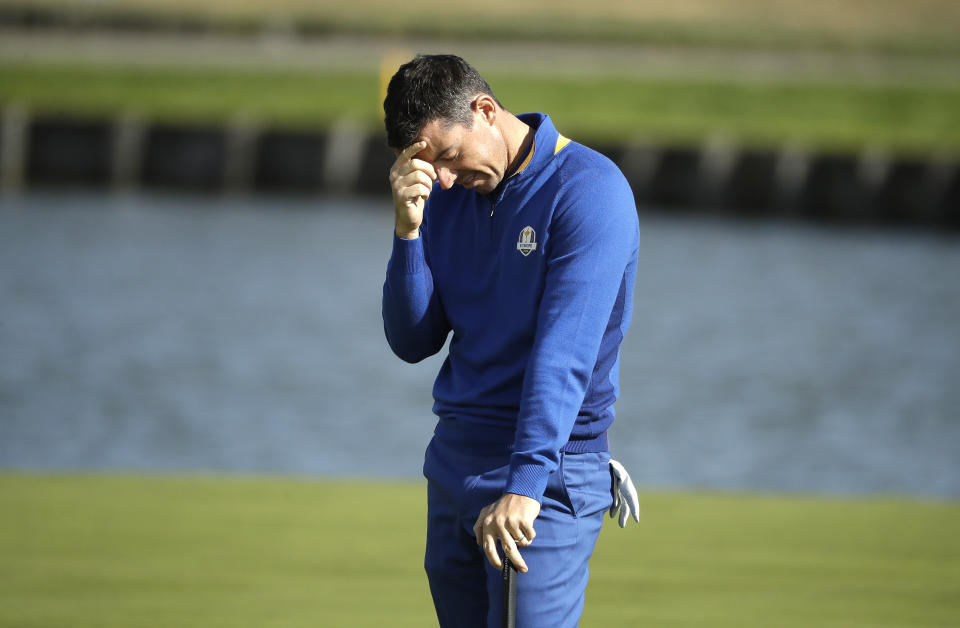 Europe's Rory McIlroy reacts to a missed putt on the 15th during a singles match on the final day of the 42nd Ryder Cup at Le Golf National in Saint-Quentin-en-Yvelines, outside Paris, France, Sunday, Sept. 30, 2018. (AP Photo/Matt Dunham)