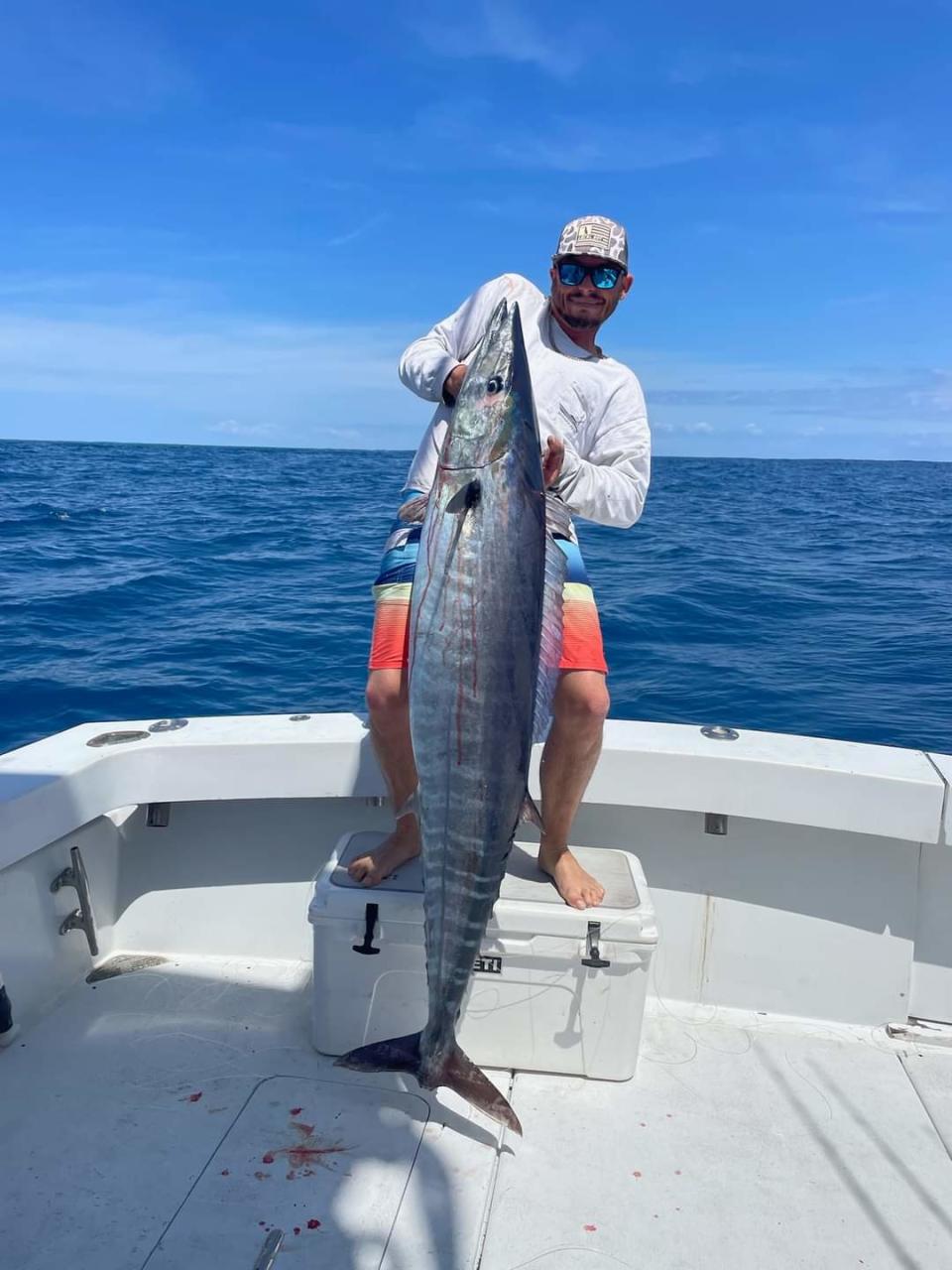 Capt. Cole Hazellief of Shock Leader charters in Fort Pierce and a 76.4 pound wahoo caught March 30, 2024.