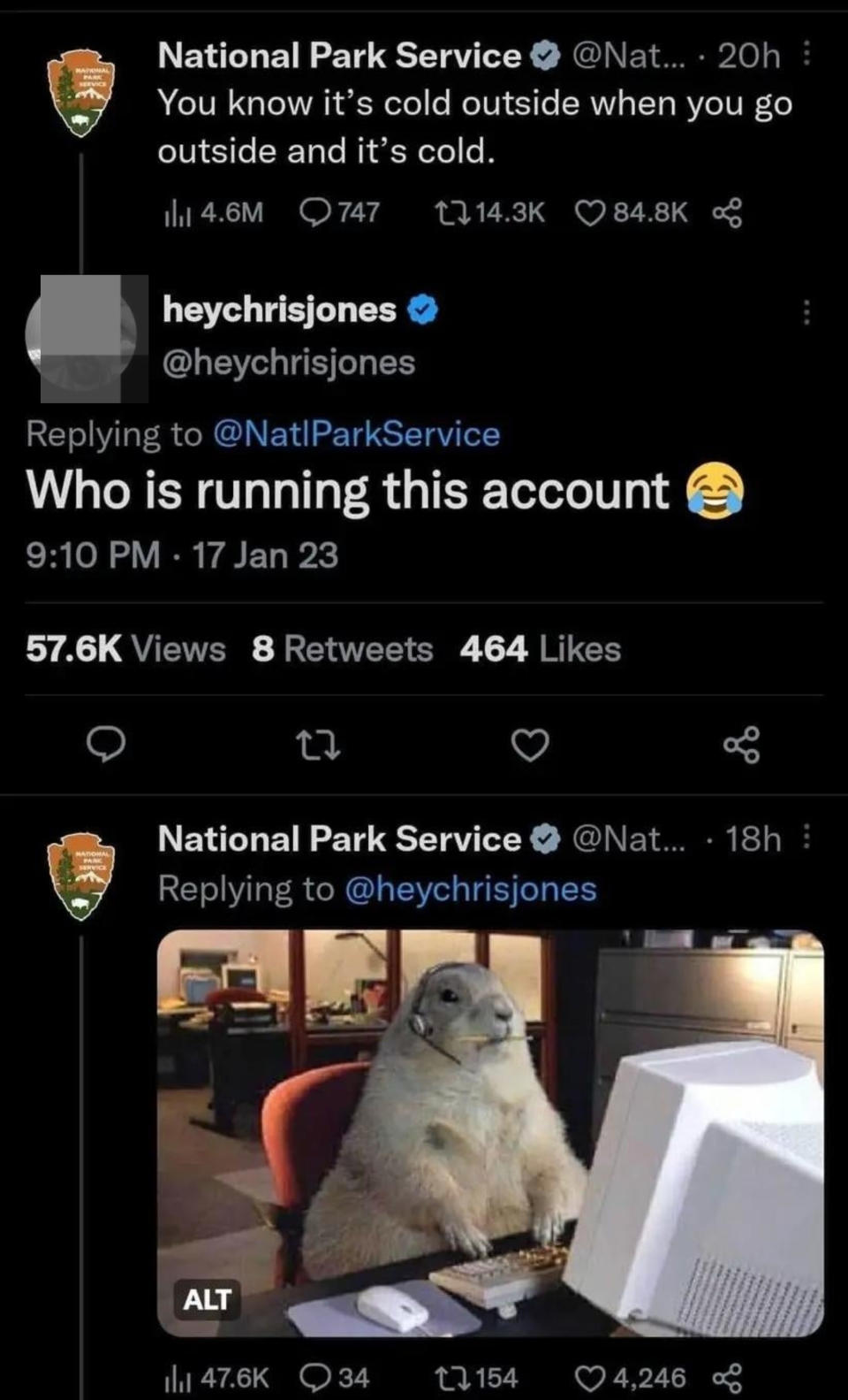 National Park Service posts social media message, "You know it's cold outside when you go outside and it's cold," and when someone asks who's running the account, the NPS postsa photo of a large groundhog at the computer and wearing headphones