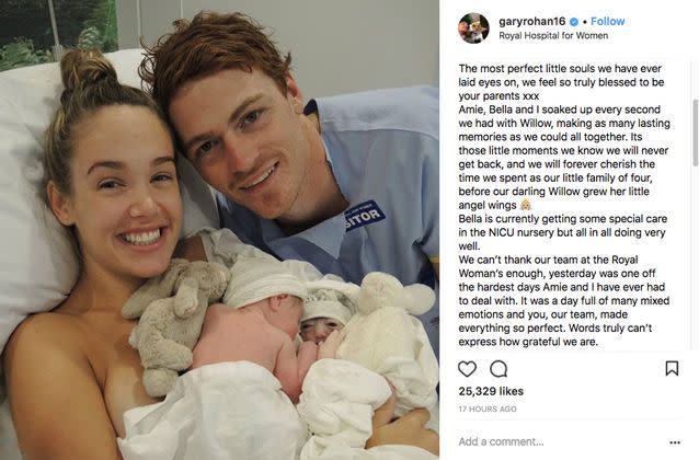 Seen here, Gary Rohan's Instagram post after the birth of his daughters.