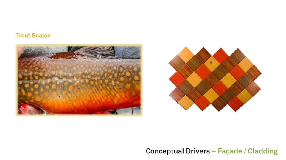 The colours of the roof model those of a trout species native to the Grand River.