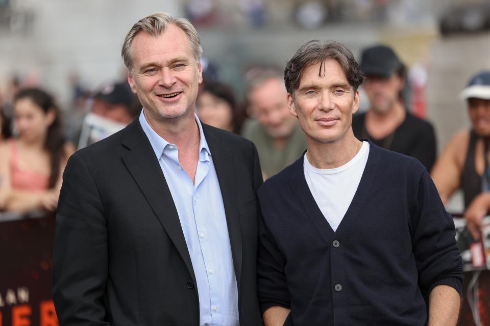 Director Christopher Nolan, left, and Cillian Murphy on July 12, 2023, in London at an event for their movie "Oppenheimer."