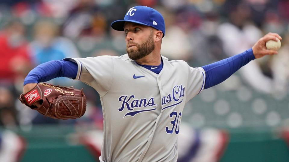 Mandatory Credit: Photo by Tony Dejak/AP/Shutterstock (11845436f)Kansas City Royals starting pitcher Danny Duffy delivers in the first inning of a baseball game against the Cleveland Indians, in ClevelandRoyals Indians Baseball, Cleveland, United States - 05 Apr 2021.